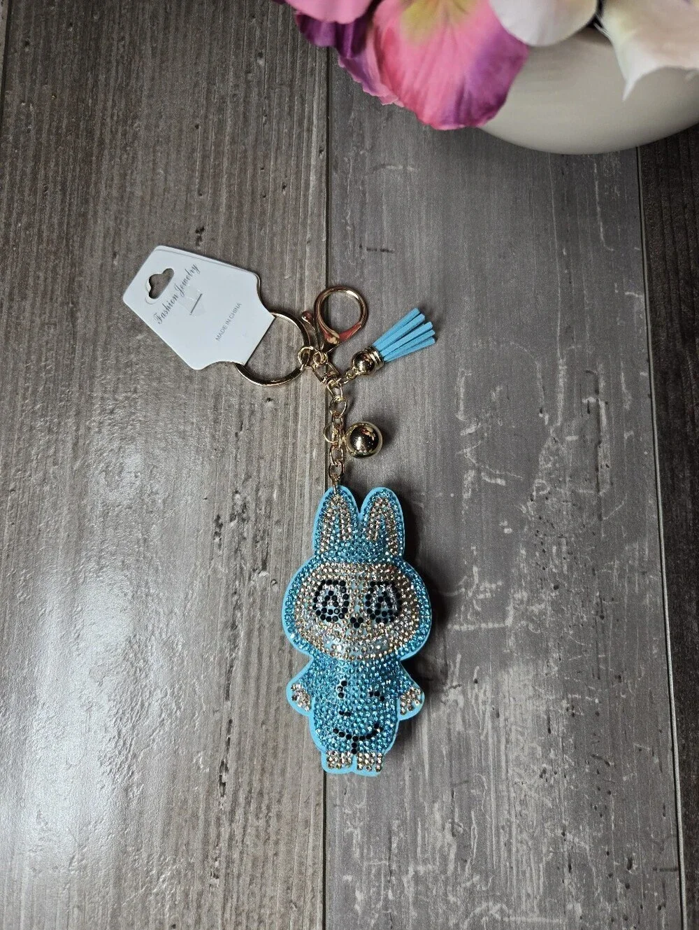 NWT Fashion Jewelry Sparkling Blue Labubu Inspired Gold Keyring Set with Charm